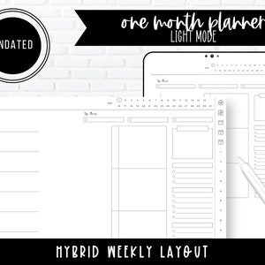 以下が含まれることがあります： 月間カレンダーと週間レイアウトを備えた白黒の印刷可能なプランナー。プランナーは日付が記入されておらず、ライトモードのデザインです。