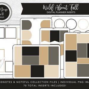 Puede incluir: Insertos de planificador digital con temática otoñal. La imagen muestra varios diseños de planificador digital en colores neutros, incluyendo beige, negro y gris. El texto "Wild About Fall" se muestra en la parte superior. La imagen también incluye el texto "Ta Done v-11 2025".