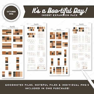 May include: A digital planner insert expansion pack for October 2026 titled It's a Boo-tiful Day! featuring four vertical sheets of brown, tan, and black stickers, boxes, and shapes. Includes Goodnotes files, Noteful files, and individual PNG files.