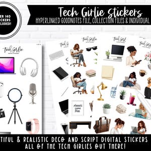 May include: A set of digital stickers featuring illustrations of women working on laptops, using headphones, and other tech-related items. The stickers are designed in a realistic style and include text like "Tech Girlie" and "Planners, Goals, Plan".