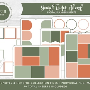 May include: Digital planner inserts with a fall theme. The inserts feature a color palette of green, peach, and white. The text "Gourd Times Ahead" is displayed above the inserts. The inserts are labeled "Kit 31 2025". The text "GOODNOTES & NOTEFUL COLLECTION FILES | INDIVIDUAL PNG IMAGES 70 TOTAL INSERTS INCLUDED!" is displayed below the inserts.