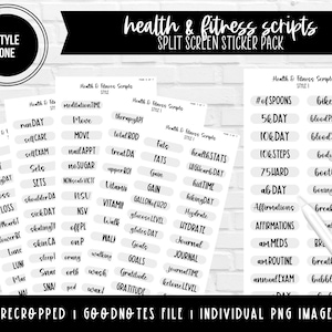 Puede incluir: Un conjunto de pegatinas de guiones de salud y fitness en blanco y negro. Las pegatinas incluyen palabras y frases como "5k day", "afirmaciones" y "journal". La imagen también incluye el texto "Health & Fitness Scripts Split Screen Sticker Pack."