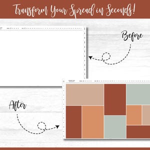 Op de afbeelding: Een vergelijking van een digitale planner-indeling, die een voor-en-na-transformatie laat zien. De "Voor"-indeling is leeg, terwijl de "Na"-indeling rechthoekige blokken in bruin, oranje en groen heeft. De tekst luidt "Transformeer uw indeling in seconden!"