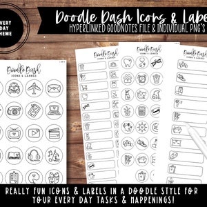 May include: Three printable sheets of black and white doodle icons and labels for use in a digital planner. The icons include a gas pump, airplane, phone, laptop, headphones, music notes, a gift box, and more. The text on the sheets reads "Doodle Dash Icons & Labels" and "Really fun icons & labels in a doodle style for your every day tasks & happenings!"