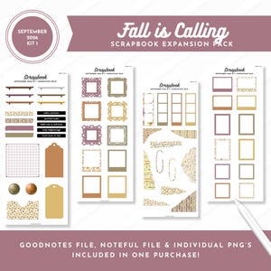 Puede incluir: Un paquete de expansión de álbum de recortes digital titulado Fall is Calling, September 2026 Kit 1. El conjunto incluye cuatro hojas con varios marcos, tiras de cinta washi, etiquetas con texto como hello autumn, etiquetas, papel cuadriculado y patrones otoñales.