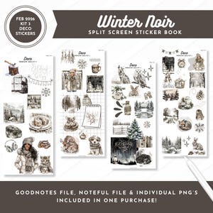 May include: A "Winter Noir" split screen sticker book with winter-themed stickers in grey and brown tones. The stickers depict illustrations of animals, landscapes, and cosy scenes. The text "FEB 2026 KIT 3 DECO STICKERS" is visible on the cover.