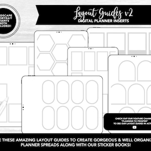 May include: A set of digital planner layout guides for creating planner spreads. The guides feature different layouts with various shapes and sizes. The text "Layout Guides v2" and "Digital Planner Inserts" is visible at the top of the image.