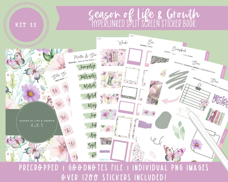 Kit 11 Split Screen Sticker Book Season of Life & Growth Over 1200 Digital Stickers Pre-Cropped Goodnotes File imagem 1