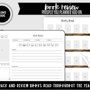Boekrecensie toevoegen | Lichtmodus | Landschap en portret | Prosper You Planner Hub-systeem | Volledig hyperlinked digitale planner |