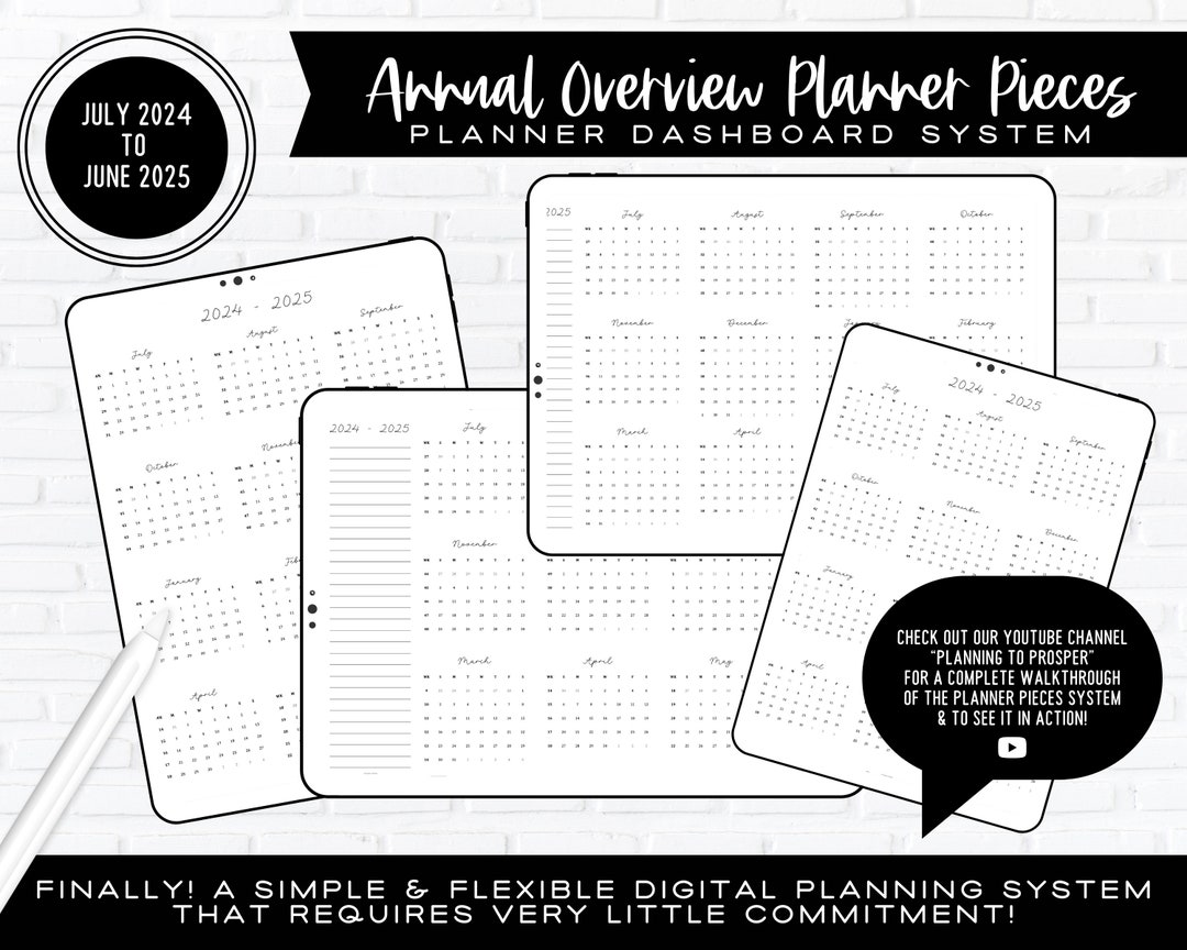 July 2025 to June 2025 Midyear Annual Overview Planner Pieces Mon Sun