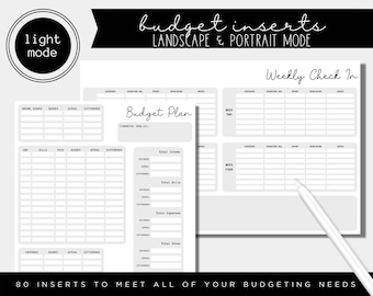 Light Mode Digital Budget Inserts | 80 Worksheets Included in Both Landscape & Portrait Mode | Budgeting Tools | Transparent PNG Images |