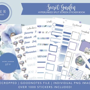 May include: A digital sticker book for Goodnotes with over 1000 stickers. The stickers are in a blue and purple colour scheme with a floral theme. The sticker book includes a calendar, washi tape, functional stickers, scrapbook stickers, and decorative stickers.