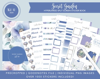 2025 Kit 10 stickerboek met gesplitst scherm | Geheime tuin | Lentestickers | 1000+ digitale stickers | Voorgesneden | Goodnotes