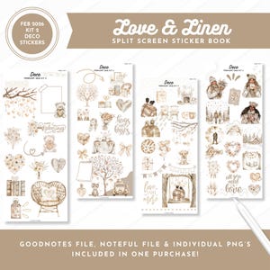 May include: A sticker book titled "Love & Linen" with Valentine's Day and winter-themed designs. The stickers feature illustrations of hearts, teddy bears, couples, and the phrases "hugs & kisses" and "all you need is love."