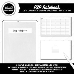 May include: Digital notebook with the text "My Notebook" on a tablet screen. Includes sample pages for audio and notes, plus a stylus. The notebook is described as a customizable digital organization system with 24 sections.