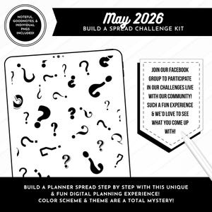 Maj 2026 Utmaningspaket för att bygga ett uppslag | Mystiska digitala klistermärken (Goodnotes, Noteful, PNG)