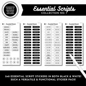 Op de afbeelding: Een digitaal stickervel genaamd Essential Scripts Collection No. 1, met vier verticale vellen zwart-witte labels met tekst voor maanden, dagen en taken. Een witte stylus ligt over het laatste vel met stickers heen.