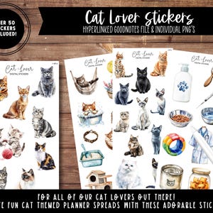 Op de afbeelding: Een set van meer dan 50 digitale katten stickers met aquarel illustraties van katten, katten-thema objecten en de tekst "Cat Lover Digital Stickers".