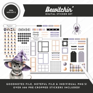 May include: A digital sticker set titled Bewitchin' Mini Kit 2 featuring a mouse wearing a purple witch hat, spider graphics, calendar dates, frames, and labels. The set includes Goodnotes and Noteful files with over 500 pre-cropped stickers.