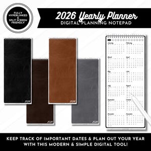 Puede incluir: Un bloc de notas de planificación digital para 2026, con un diseño de calendario anual. La imagen muestra cuatro blocs de notas en negro, marrón y gris, con encuadernación en espiral. El texto dice "2026 Yearly Planner" y "Digital Planning Notepad."