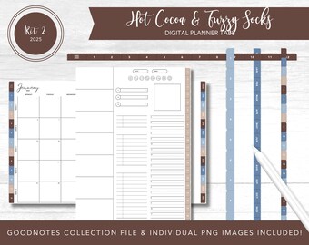 2025 Kit 2 Digital Planner Tabs | Hot Cocoa & Fuzzy Socks | Goodnotes Collection Files + Individual PNG&#39;s | PreCropped Stickers