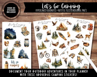 May include: Digital sticker set with camping-themed illustrations. Includes tents, campfires, wildlife, and outdoor gear. The text reads "Let's Go Camping" and "Document your outdoor adventures in your planner with these gorgeous camping stickers!"