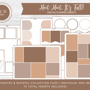 Op de afbeelding: Digitale planner inserts met een herfstthema. De afbeelding toont verschillende digitale tablets met verschillende lay-outs in bruin- en beigetinten. Tekst bevat "Hoot Hoot. It's Fall!" en "Kit 30 2025". De inserts zijn voor Goodnotes en Noteful.
