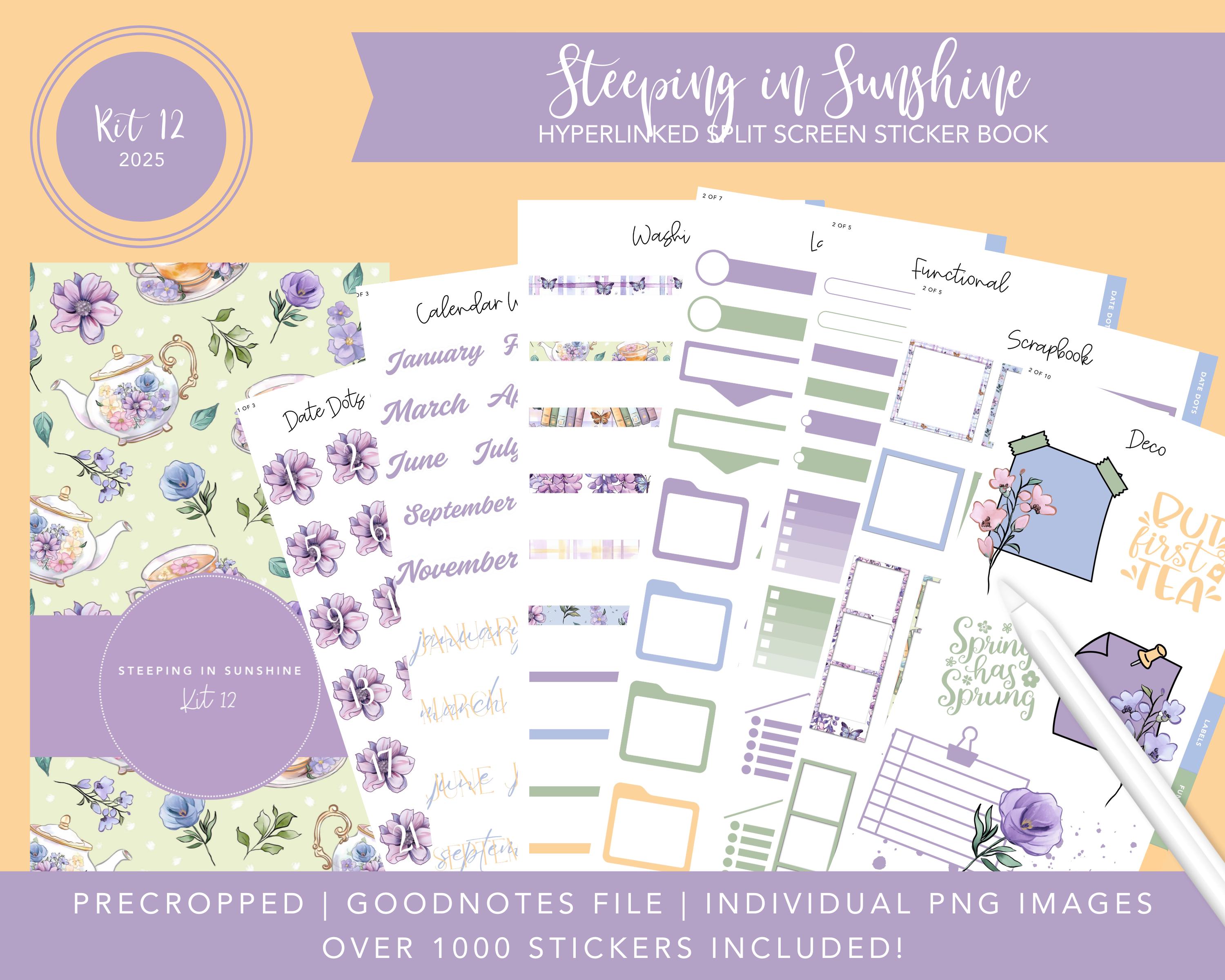 2025 Kit 12 Split Screen Sticker Book | Steeping in Sunshine | Spring Stickers | 1000+ Digital Stickers | PreCropped | Goodnotes