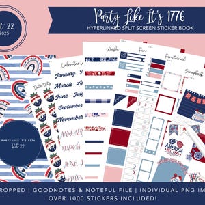 May include: A planner sticker kit with a patriotic theme. The kit includes various sticker sheets with designs in red, white, and blue. The text "Party Like It's 1776" is displayed. The kit includes over 1000 stickers.