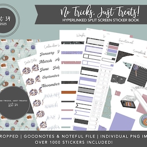 Op de afbeelding: Een digitale stickerboek met een Halloween-thema. Het ontwerp bevat verschillende stickers, zoals kalenderelementen, decoratieve items en functionele labels. Het kleurenpalet bevat tinten paars, oranje en blauwgroen. Tekst op de afbeelding luidt "No Tricks, Just Treats!" en "Kit 34".