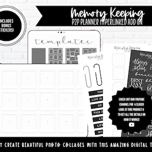 May include: Digital planner add-on with templates for photo collages. Includes bonus stickers and a YouTube channel link. Features the words "Memory Keeping" and "Memories" in a stylish design. Easily create beautiful photo collages with this digital tool.