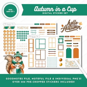 May include: A digital sticker set titled Autumn in a Cup 2026 Mini Kit 1, featuring a squirrel wearing a green hat and scarf holding a cup. The set includes numbered pumpkin stickers, calendar dates, month labels, frames, tags, and grid patterns.