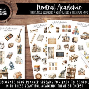 Könnte beinhalten: Digitale Sticker im neutralen akademischen Stil mit Illustrationen von Schulmaterialien, einer Gitarre, einem Schulbus und einem Globus. Der Text auf dem Bild lautet "Neutral Academic" und "Over 50 Stickers Included!"
