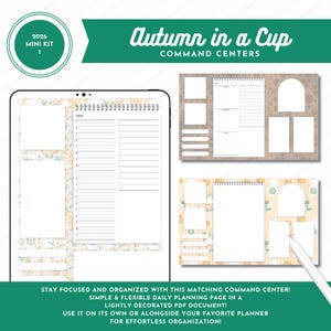 Op de afbeelding: Een digitale planningsset getiteld Autumn in a Cup Command Centers 2026 Mini Kit 1, met een tabletweergave met een dagelijkse planningspagina, twee rechthoekige lay-outs met lege witte vakken en een stylus op een achtergrond met patroon.
