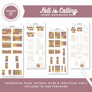 May include: A digital planner sticker set titled Fall is Calling Insert Expansion Pack for September 2026. The set includes four sheets of various rectangular, circular, and hexagonal shapes in muted autumn tones of mustard, olive, and plum.