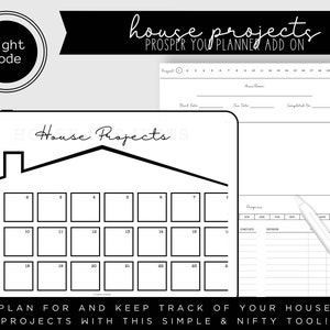 Puede incluir: Un planificador de proyectos de casa imprimible en blanco y negro con una cuadrícula en forma de casa y una sección para enumerar proyectos, fechas de inicio, fechas de vencimiento y fechas de finalización. El texto "House Projects" está escrito en cursiva en la parte superior del planificador.