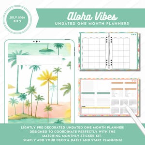 May include: A digital planner kit titled Aloha Vibes Undated One Month Planners, featuring a tablet display with a tropical palm tree watercolor background, a monthly calendar grid view, and a daily task layout with a white stylus pen.