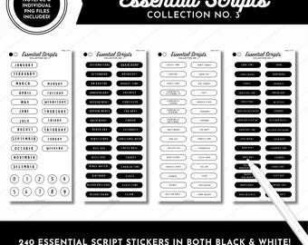 Essential Script Stickers | Collection No. 3 | 240 Stickers in Black + White | Pre-Cropped Digital Stickers | Goodnotes, Noteful + PNGs
