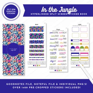 Op de afbeelding: Een digitaal stickerboek getiteld In the Jungle July 2026 Essential Stickers met een gelinkte split-screen lay-out. Bevat washi-tape strips, tekstlabels in scriptstijl en diverse rechthoekige en boogvormige labels met een junglepatroon.