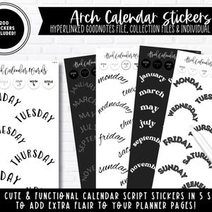 May include: Black and white printable planner stickers with five different styles of arched calendar words, including "Monday", "Tuesday", "Wednesday", "Thursday", "Friday", "Saturday", "Sunday", "January", "February", "March", "April", "May", "June", "July", "August", "September", "October", "November", and "December".