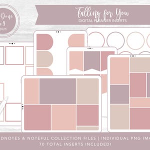 May include: Digital planner inserts in shades of pink, mauve, and beige, arranged on a white background. The design includes geometric shapes and the text "Falling for You" and "Ta Dove v9 2025". The image also states "Goodnotes & Noteful Collection Files | Individual PNG Images 70 Total Inserts Included!"