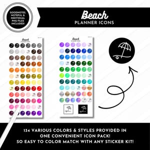 May include: Digital planner icons with a beach theme. The image shows two sheets of colorful circular icons with a beach umbrella design. Text includes "Beach Planner Icons" and "134 Various Colors & Styles Provided In One Convenient Icon Pack!"