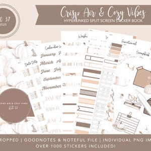 Puede incluir: Un libro de pegatinas digitales con temática otoñal. El diseño incluye calabazas blancas, elementos de calendario y pegatinas decorativas. El texto "Crisp Air & Cozy Vibes" y "Kit 37" son visibles. El libro es para archivos GoodNotes y Noteful.