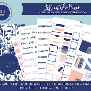May include: A digital sticker book for Goodnotes with over 1000 stickers. The stickers are in a blue and pink color scheme with a floral pattern and the text "Lost in the Pages".