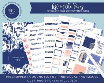 2025 Kit 3 stickerboek met gesplitst scherm | Verloren in de pagina&#39;s | Boekenachtige stickers | 1000+ digitale stickers | Voorgesneden | Goodnotes