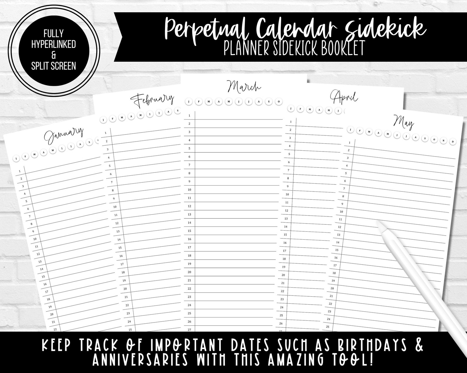 Perpetual Calendar - Planner Sidekick Booklet | Split Screen & Phone