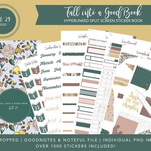 May include: A digital sticker book kit with a floral design, featuring the text "Fall into a Good Book." The kit includes various sticker sheets with calendar dates, washi tape, and functional elements. The kit is labeled "Kit 29" and includes over 1000 stickers.