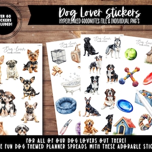 May include: A set of over 60 digital stickers featuring watercolour illustrations of dogs, dog toys, dog beds, dog houses, and other dog-related items. The stickers are designed for use in digital planners and are available in a Goodnotes file and as individual PNGs.