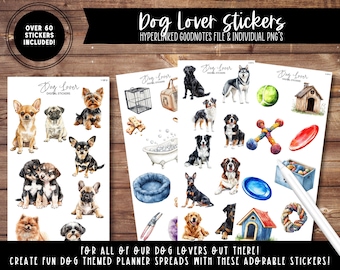May include: A set of over 60 digital stickers featuring watercolor illustrations of dogs, dog toys, dog beds, dog houses, and other dog-related items. The stickers are designed for use in digital planners and are available in a Goodnotes file and as individual PNGs.