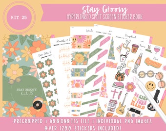 Kit 25 Digital Sticker Book | Stay Groovy | Over 1200 Stickers | Pre-Cropped Stickers | Goodnotes File | Individual PNG Images |